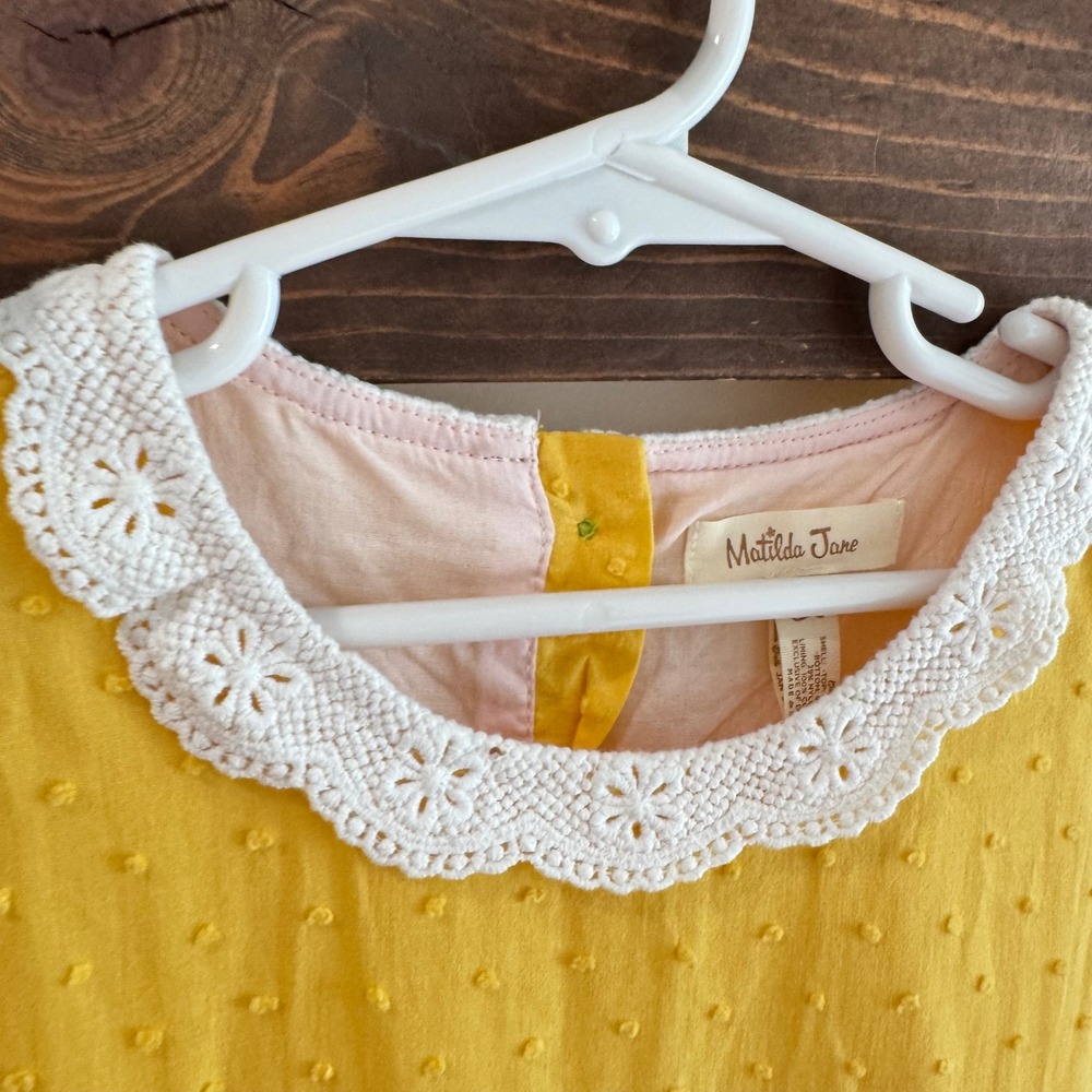 Matilda Jane Girls Yellow Swiss Dot Floral Lace Collar Dress Size 10 - Picture 2 of 7